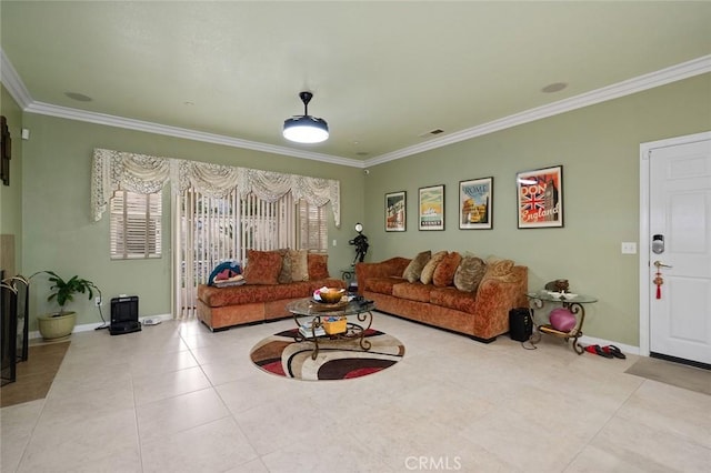 living room with crown molding and light tile patterned floors