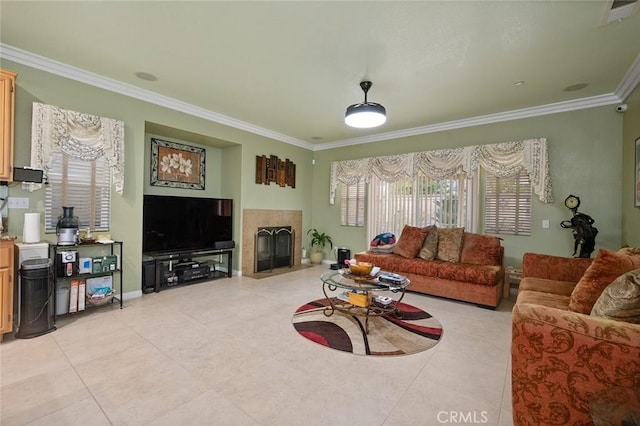 living room with light tile patterned floors, crown molding, and a fireplace