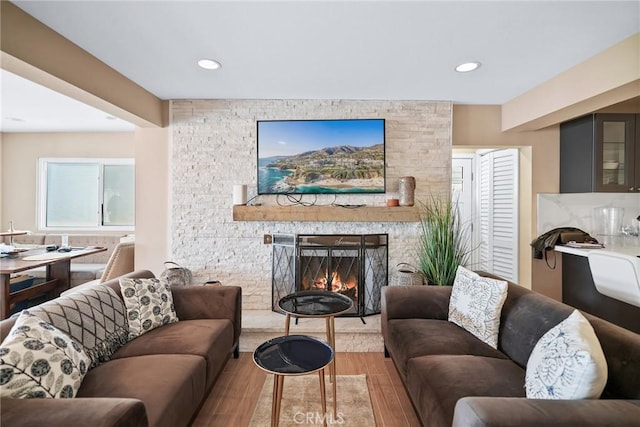 living room featuring wood-type flooring and a stone fireplace