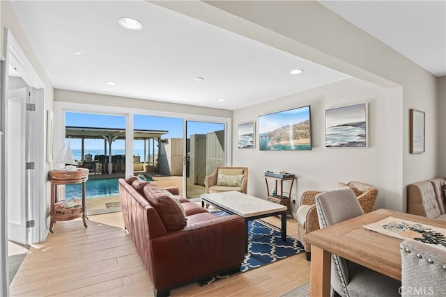 living room with light hardwood / wood-style flooring