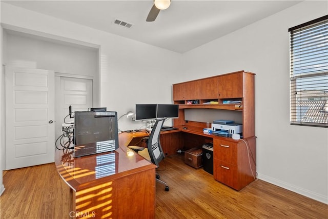 office area featuring ceiling fan and light hardwood / wood-style floors