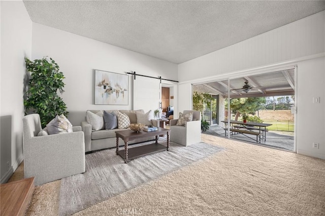 living room with a barn door and a textured ceiling