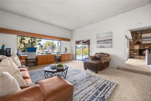 living room featuring a stone fireplace, light carpet, and a textured ceiling