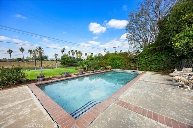 view of pool featuring a yard and a patio area