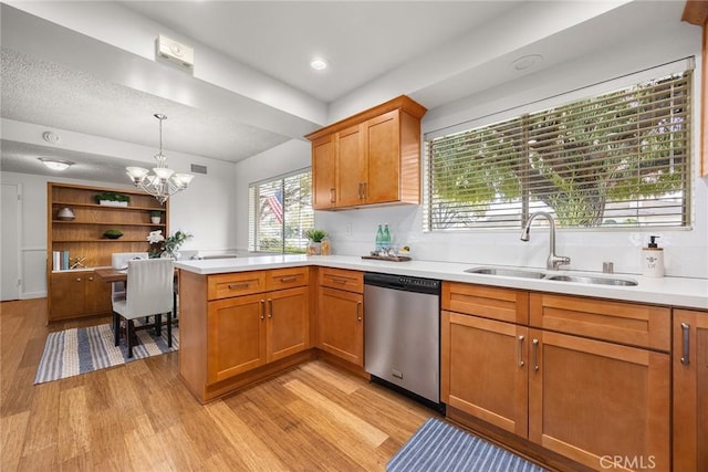 kitchen with sink, hanging light fixtures, light hardwood / wood-style floors, stainless steel dishwasher, and kitchen peninsula