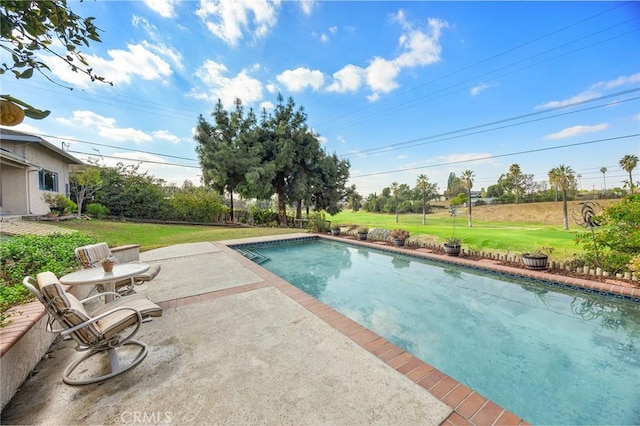 view of pool with a patio area and a yard