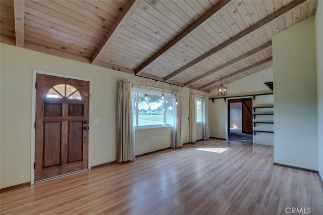 foyer entrance featuring vaulted ceiling with beams, wood ceiling, and light wood-type flooring