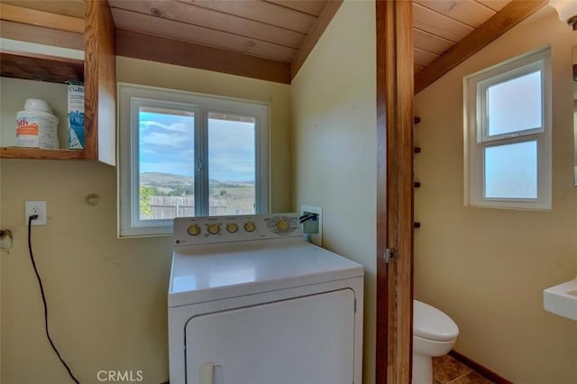 clothes washing area featuring washer / clothes dryer, wood ceiling, and a mountain view