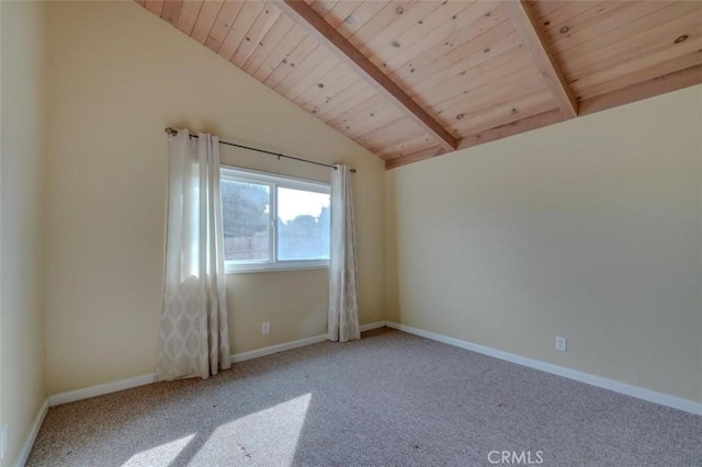 carpeted spare room with lofted ceiling with beams and wooden ceiling