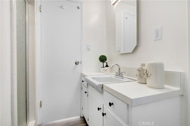 bathroom featuring vanity and a shower with shower door