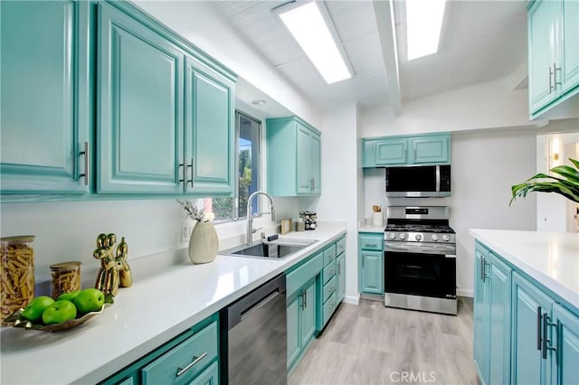 kitchen with stainless steel appliances, sink, and light hardwood / wood-style floors