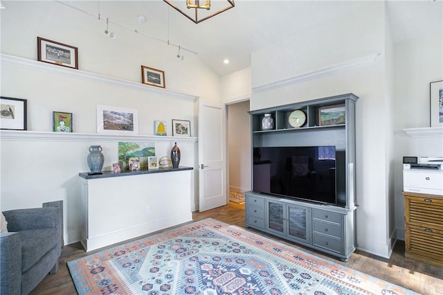 living room with hardwood / wood-style flooring and lofted ceiling