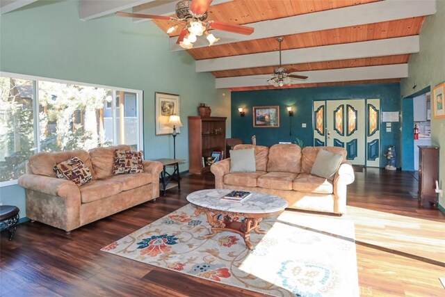 living room with ceiling fan, dark hardwood / wood-style floors, and lofted ceiling with beams