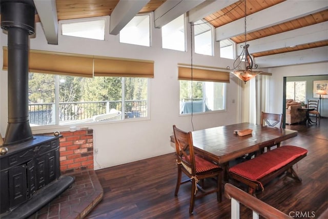 dining room featuring vaulted ceiling with beams, wooden ceiling, dark hardwood / wood-style floors, and a wood stove