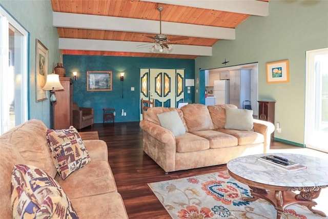 living room featuring dark wood-type flooring, ceiling fan, vaulted ceiling with beams, a healthy amount of sunlight, and wooden ceiling