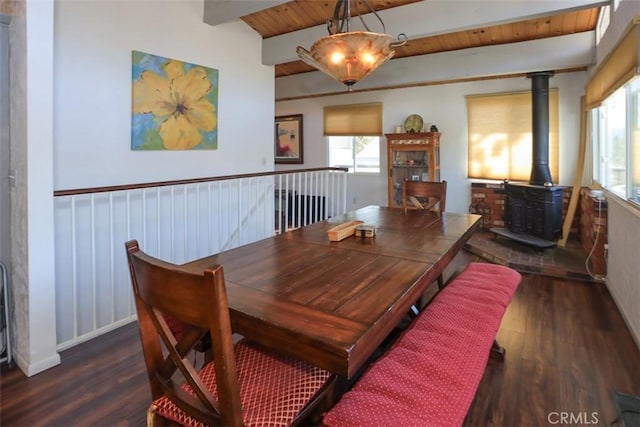 dining area with beamed ceiling, wooden ceiling, dark wood-type flooring, and a wood stove