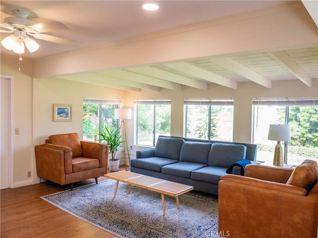 living room with beamed ceiling, hardwood / wood-style flooring, and ceiling fan