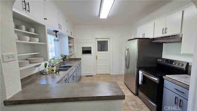 kitchen featuring stainless steel electric range oven, white cabinets, and kitchen peninsula