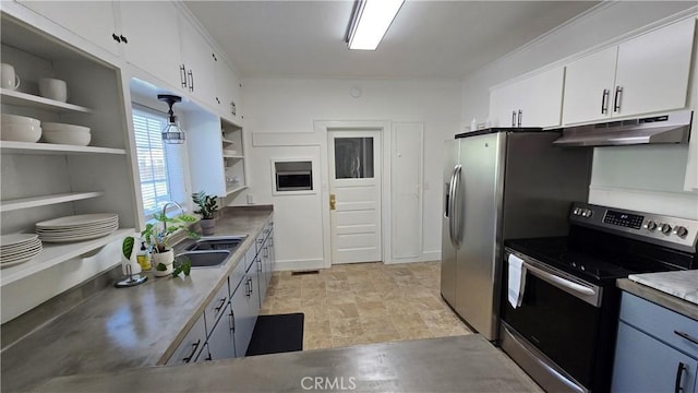 kitchen featuring white cabinetry, sink, and electric range