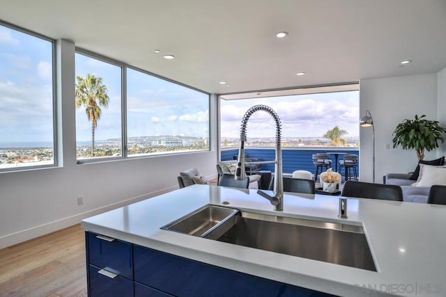 kitchen featuring sink, light hardwood / wood-style flooring, and blue cabinets