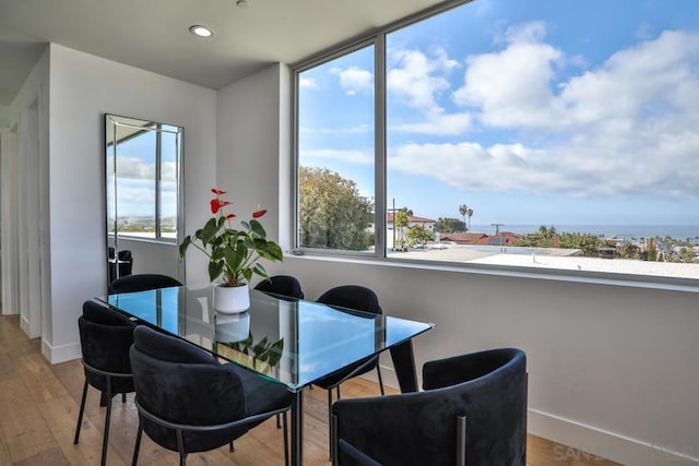 dining room featuring a water view, plenty of natural light, and light hardwood / wood-style flooring