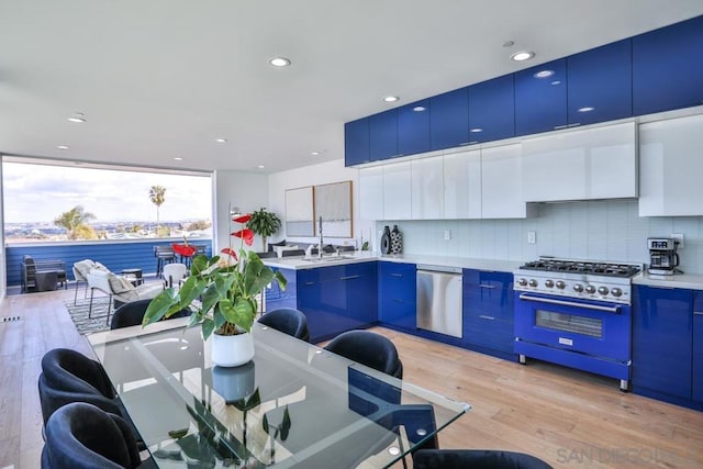 kitchen with white cabinetry, dishwasher, range, and decorative backsplash