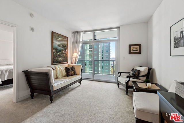 sitting room with expansive windows and carpet floors