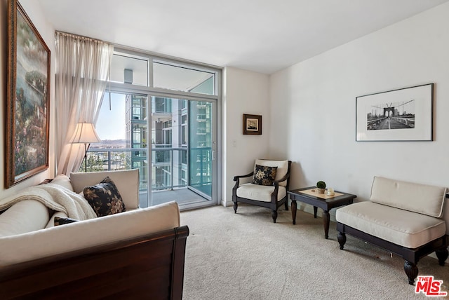 sitting room with carpet floors and a wall of windows