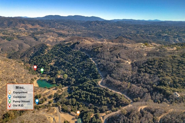 bird's eye view with a water and mountain view