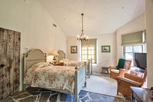 carpeted bedroom with a chandelier, high vaulted ceiling, and visible vents