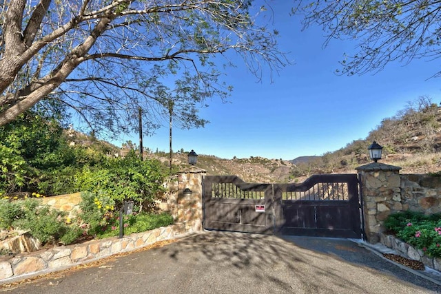 view of gate with fence and a mountain view