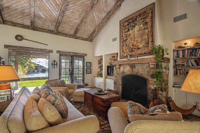 living room featuring built in shelves, wooden ceiling, visible vents, and high vaulted ceiling