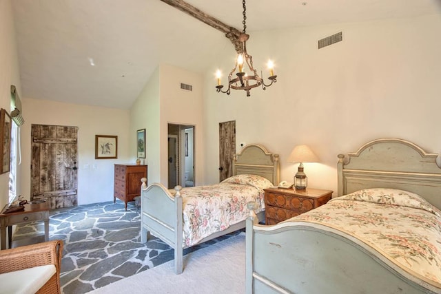 carpeted bedroom featuring a chandelier, beam ceiling, visible vents, and high vaulted ceiling