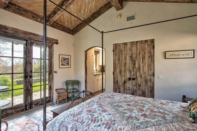 bedroom with arched walkways, vaulted ceiling with beams, visible vents, access to exterior, and french doors