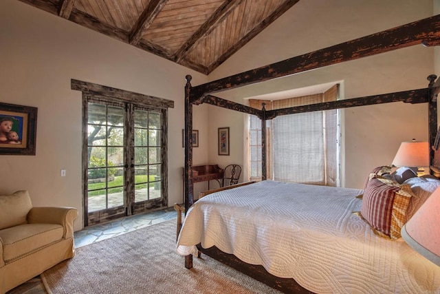 bedroom featuring access to exterior, wooden ceiling, vaulted ceiling with beams, and french doors