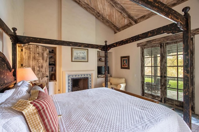 bedroom with wooden ceiling, access to exterior, a fireplace, high vaulted ceiling, and beam ceiling