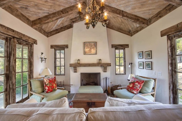 interior space with wooden ceiling, plenty of natural light, and beam ceiling