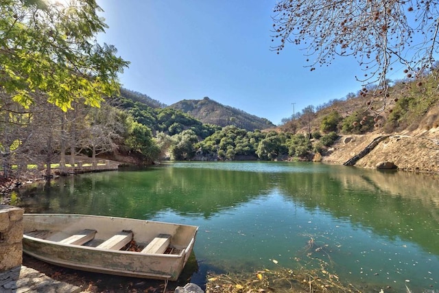 water view featuring a forest view and a mountain view