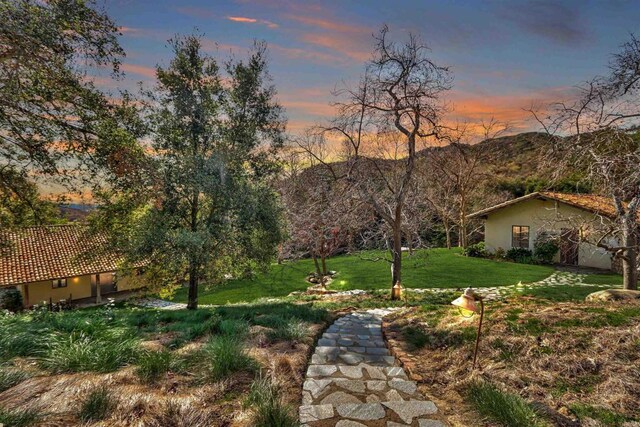 yard at dusk featuring a mountain view