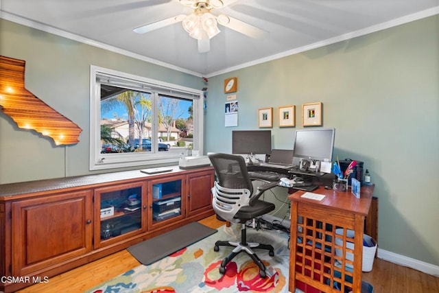 home office with ornamental molding, ceiling fan, and light hardwood / wood-style flooring