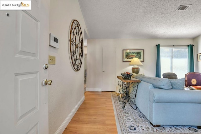 living room featuring a textured ceiling and light hardwood / wood-style flooring