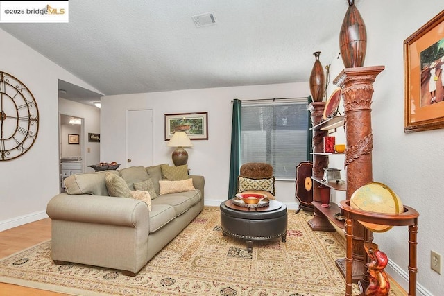 living room with hardwood / wood-style flooring and vaulted ceiling