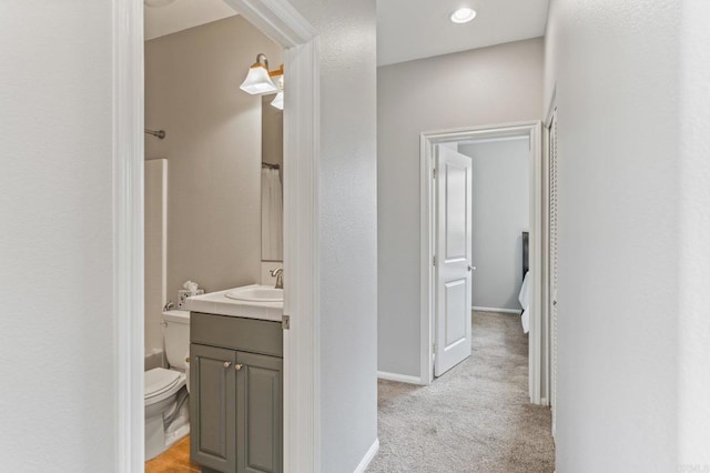 full bathroom featuring vanity, toilet, a shower with curtain, and baseboards