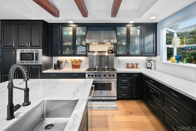 kitchen with light wood-style flooring, appliances with stainless steel finishes, dark cabinetry, wall chimney range hood, and a sink