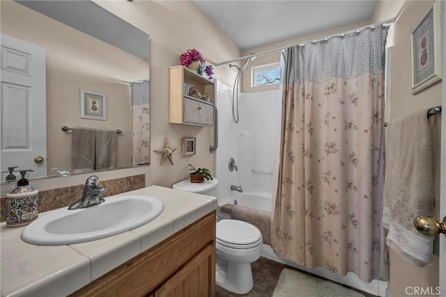 full bath with shower / tub combo, vanity, toilet, and tile patterned floors