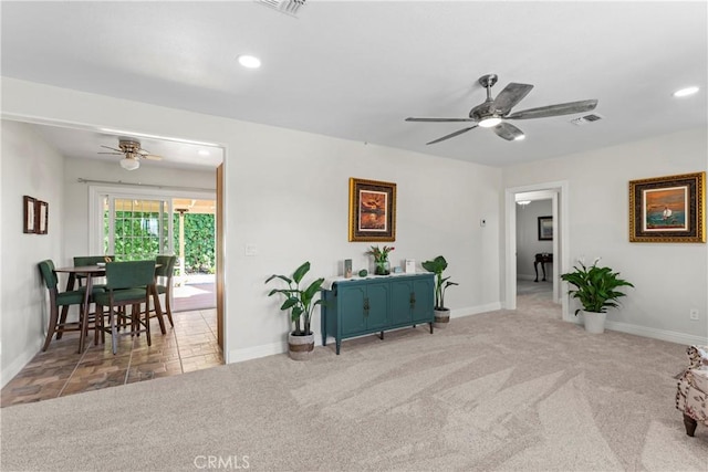 living area featuring recessed lighting, visible vents, carpet flooring, ceiling fan, and baseboards