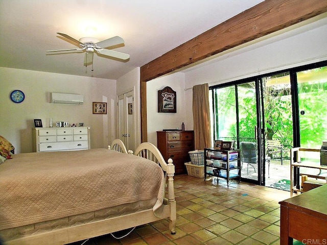 bedroom featuring beam ceiling, access to outside, an AC wall unit, and ceiling fan