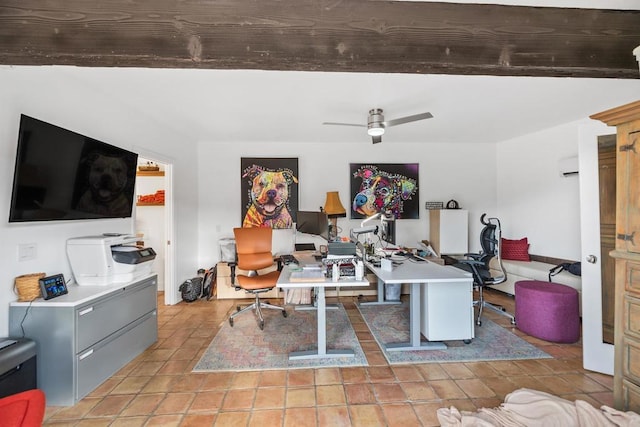 tiled office featuring beam ceiling and ceiling fan