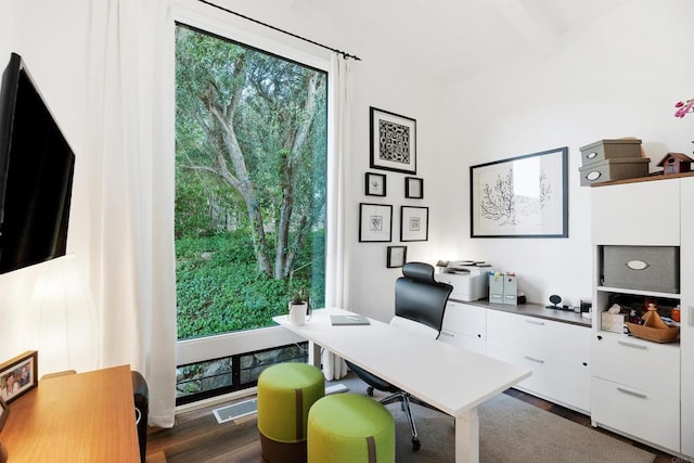 home office featuring dark hardwood / wood-style flooring