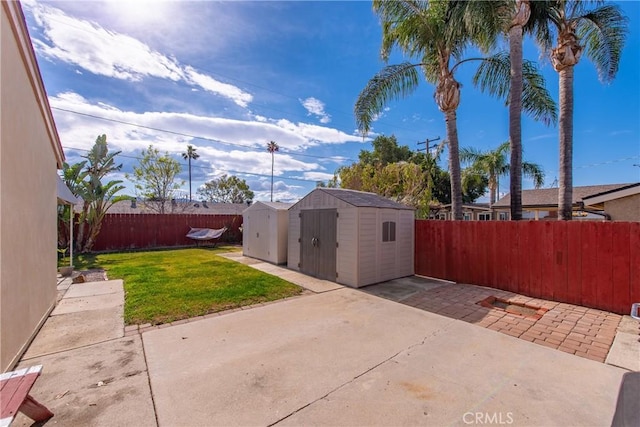 view of yard featuring a patio area and a shed